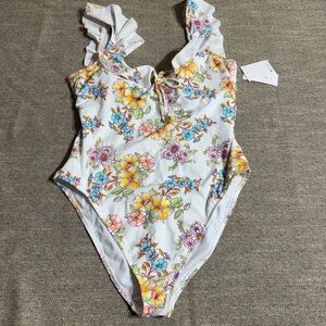 Jessica Simpson White Floral One-Piece with Yellow, Blue and Purple Blooms